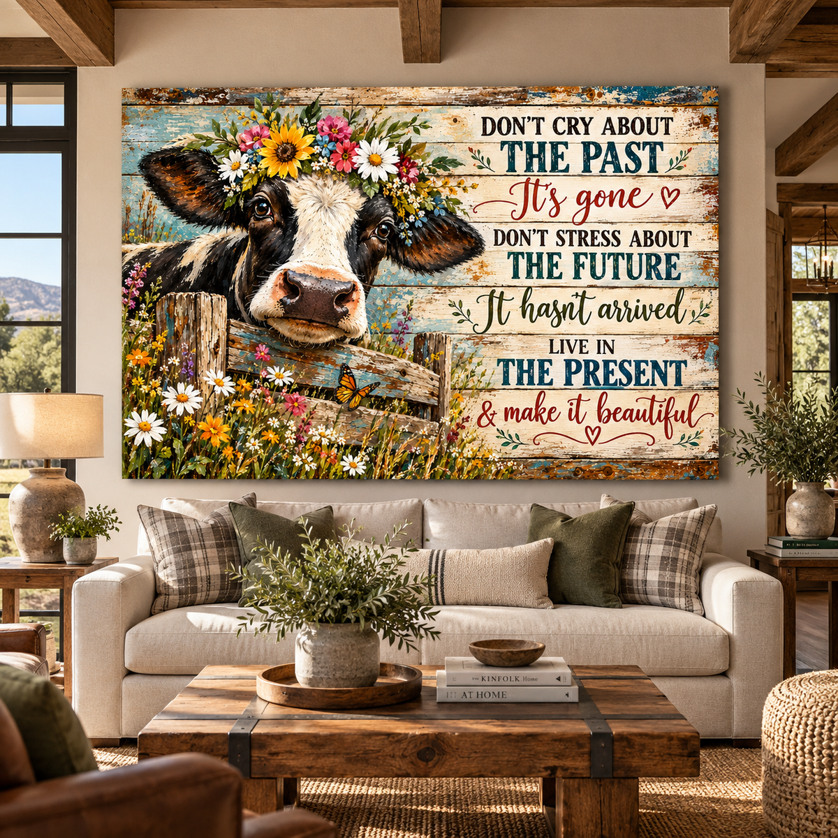 Inspirational Holstein Cow Canvas Wall Art – Live in the Present Farmhouse Quote Painting - ART OF ROYALS