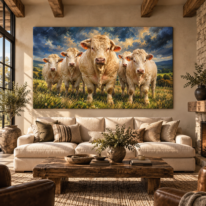 Charolais Cattle Herd Wrapped Canvas Wall Art – White Cows Pasture Painting