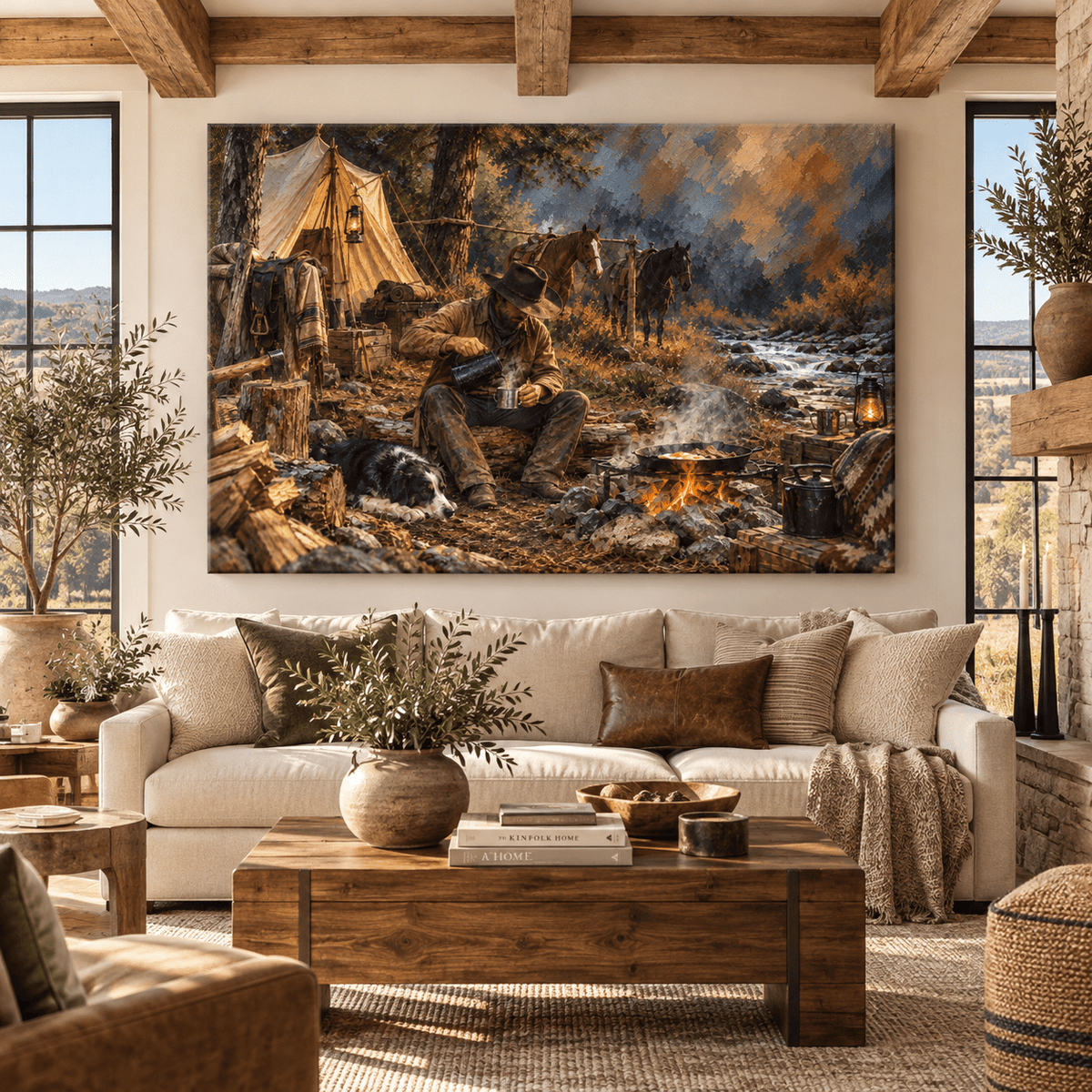 Cowboy Campfire Canvas Wall Art – Horses and Border Collie-Type Dog by a Mountain Creek - ART OF ROYALS