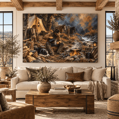 Cowboy Campfire Canvas Wall Art – Horses and Border Collie-Type Dog by a Mountain Creek - ART OF ROYALS