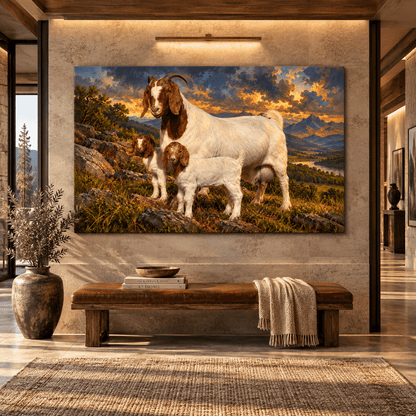 Boer Goat Family Canvas Wall Art – Mother Goat with Two Kids at Golden Sunset Oil Painting - ART OF ROYALS