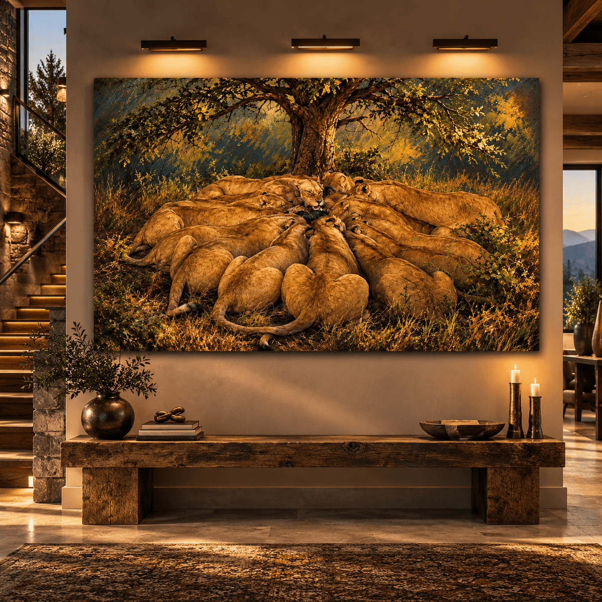 Lioness Pride Feeding Canvas Wall Art – African Lions Under Acacia Tree Wildlife Oil Painting - ART OF ROYALS