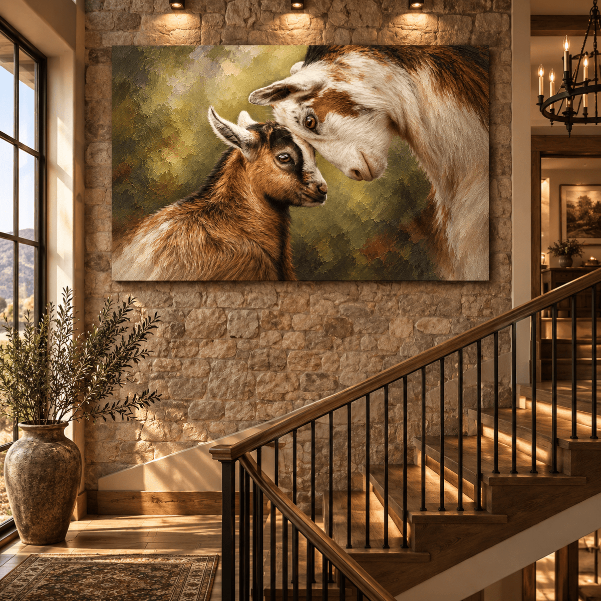 Mother Goat and Baby Kid Canvas Wall Art – Tender Farm Animal Portrait in Rustic Oil Painting - ART OF ROYALS