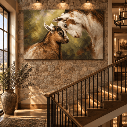 Mother Goat and Baby Kid Canvas Wall Art – Tender Farm Animal Portrait in Rustic Oil Painting - ART OF ROYALS