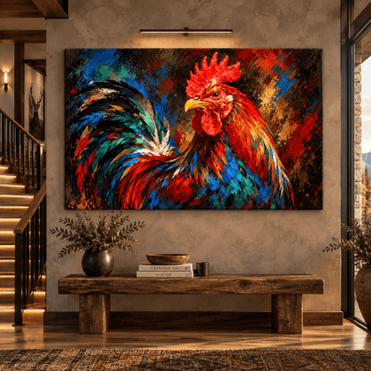 Colorful Rooster Wrapped Canvas Wall Art – Vibrant Farmhouse Chicken Painting