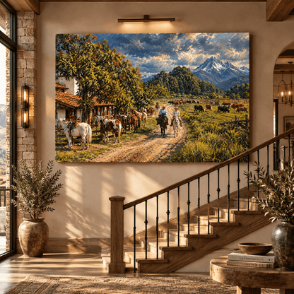 Mountain Ranch Canvas Wall Art – Cowboys, Horses and Cattle with Rustic Farmhouse - ART OF ROYALS