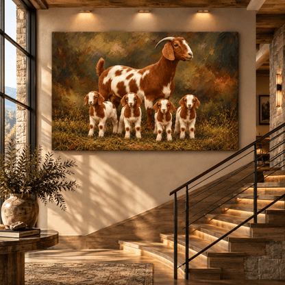 Boer Goat Family Canvas Wall Art – Mother Goat with Four Baby Kids Rustic Farmhouse Oil Painting - ART OF ROYALS