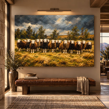 Herdwick Sheep Flock Wrapped Canvas Wall Art – Rustic English Farm Sheep Painting