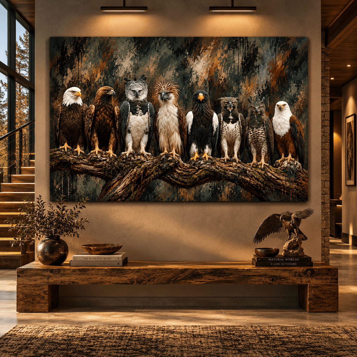 Majestic Birds of Prey Canvas Wall Art – Seven Eagles and Raptors on Branch Wildlife Oil Painting - ART OF ROYALS