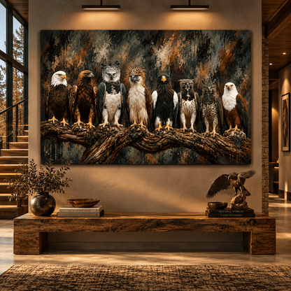 Majestic Birds of Prey Canvas Wall Art – Seven Eagles and Raptors on Branch Wildlife Oil Painting - ART OF ROYALS
