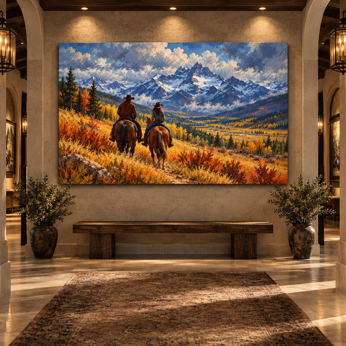 Cowboy Couple Horseback Riding Wrapped Canvas Wall Art – Autumn Mountain Western Landscape Painting