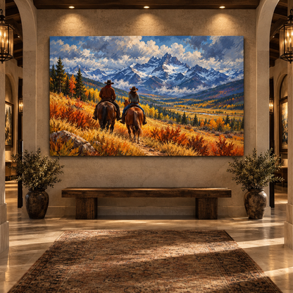 Cowboy Couple Horseback Riding Wrapped Canvas Wall Art – Autumn Mountain Western Landscape Painting