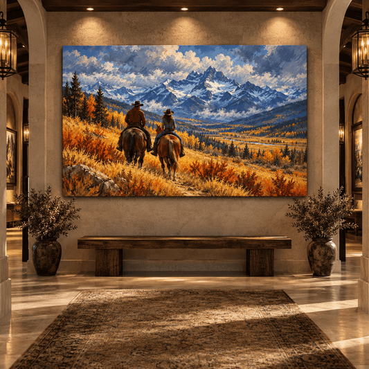Cowboy Couple Horseback Riding Wrapped Canvas Wall Art – Autumn Mountain Western Landscape Painting - ART OF ROYALS