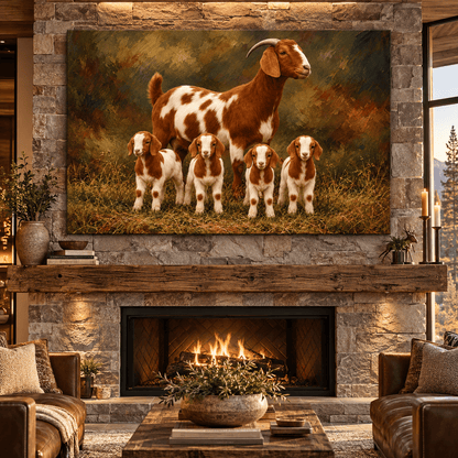 Boer Goat Family Canvas Wall Art – Mother Goat with Four Baby Kids Rustic Farmhouse Oil Painting - ART OF ROYALS