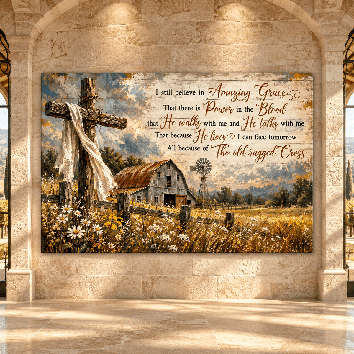 I Still Believe in Amazing Grace Canvas Wall Art – Rustic Christian Cross and Farmhouse Barn Painting - ART OF ROYALS