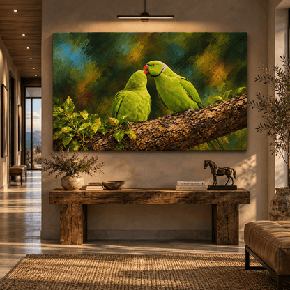 Indian Ringneck Parakeet Pair Wrapped Canvas Wall Art – Rose-Ringed Parakeet Lovebirds Painting
