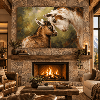 Mother Goat and Baby Kid Canvas Wall Art – Tender Farm Animal Portrait in Rustic Oil Painting - ART OF ROYALS