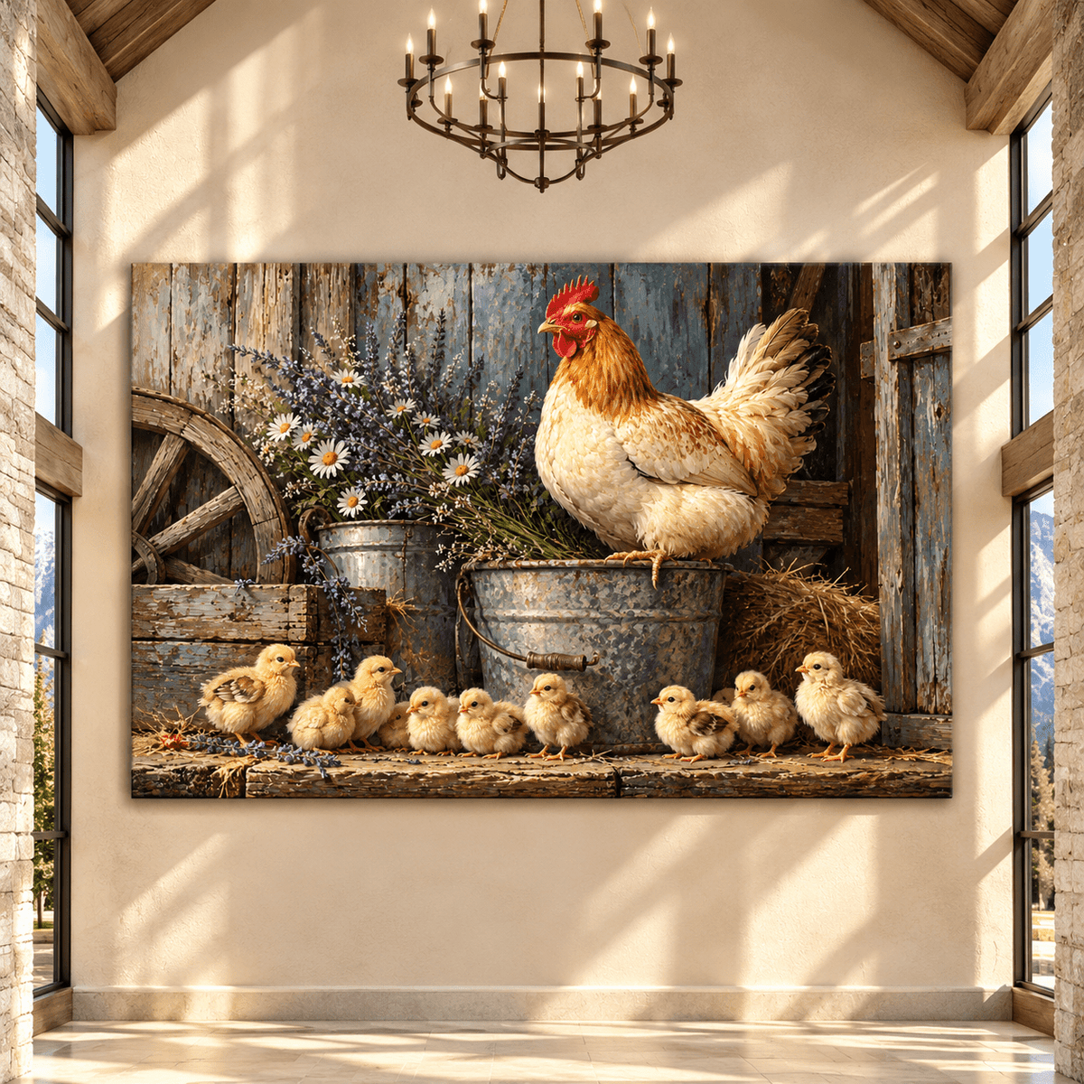 Mother Hen with Baby Chicks Wrapped Canvas Wall Art – Rustic Farmhouse Chicken and Wildflower Painting - ART OF ROYALS