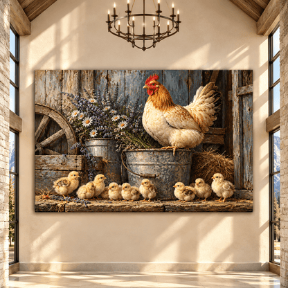 Mother Hen with Baby Chicks Wrapped Canvas Wall Art – Rustic Farmhouse Chicken and Wildflower Painting - ART OF ROYALS