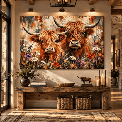 Two Highland Cows with Wildflowers Canvas Wall Art – Rustic Scottish Highland Cattle Floral Painting - ART OF ROYALS