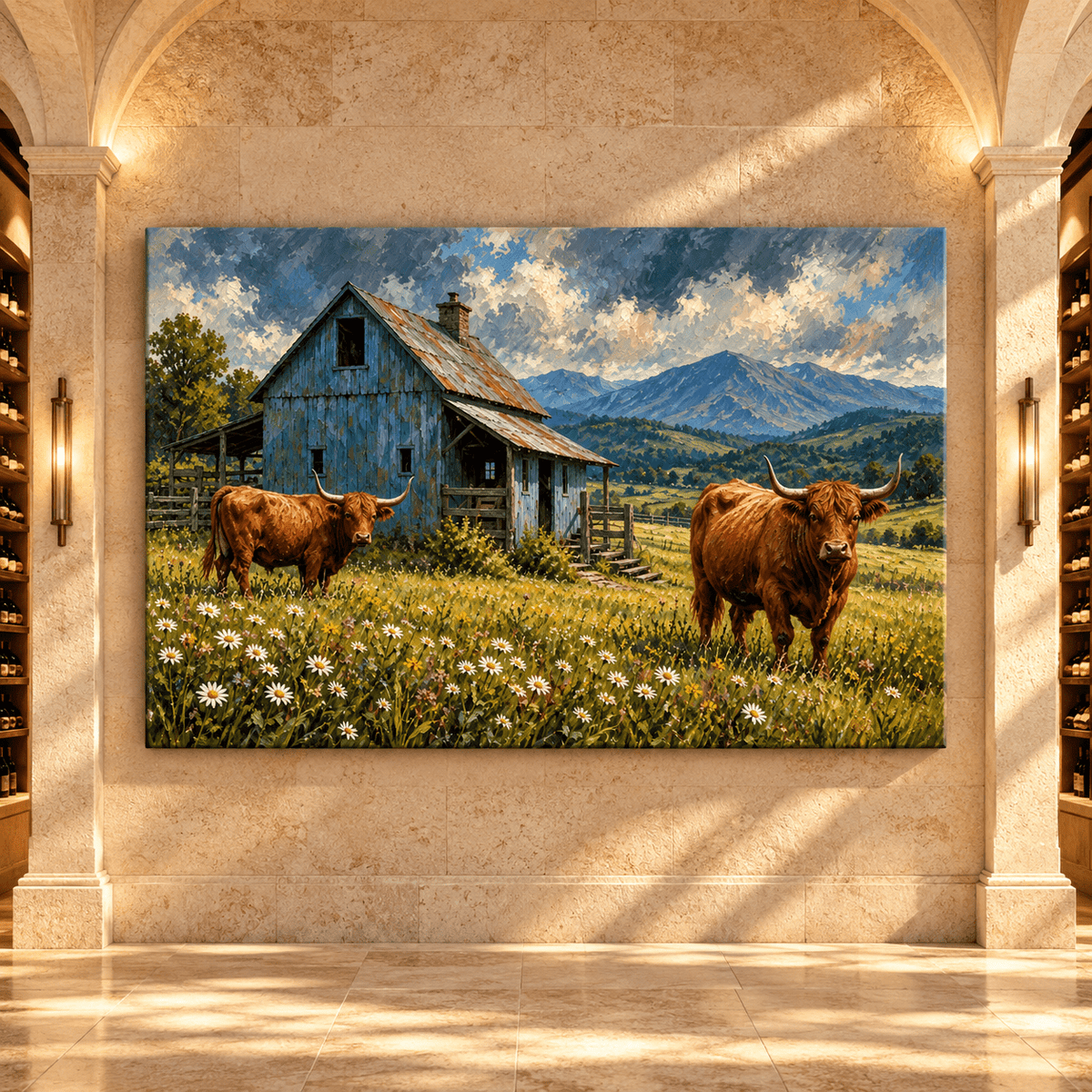 Scottish Highland Cows by Blue Rustic Barn Wrapped Canvas Wall Art – Mountain Farmhouse Landscape Painting - ART OF ROYALS