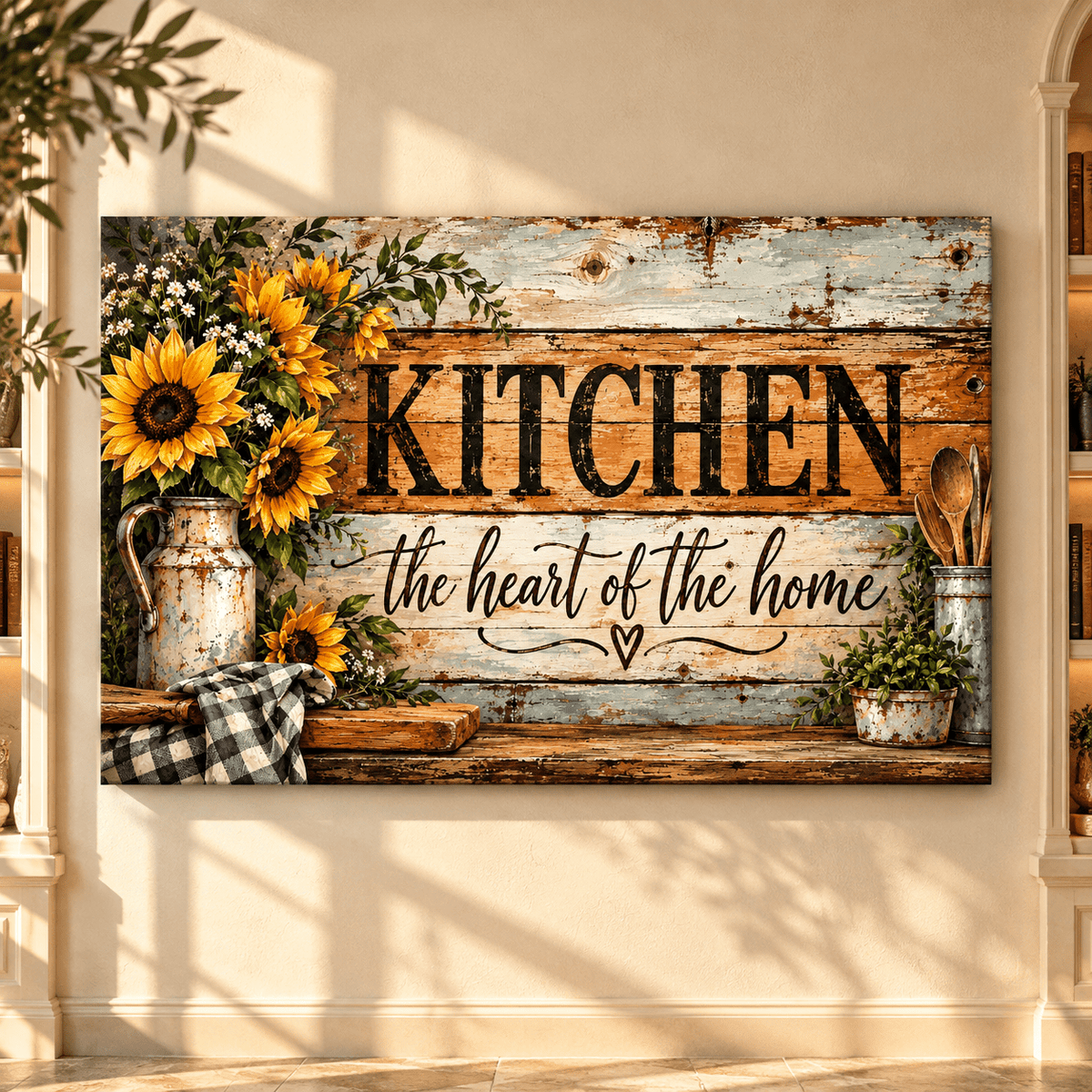 Farmhouse Kitchen Canvas Wall Art – Kitchen The Heart of the Home Sunflower Rustic Country Decor - ART OF ROYALS