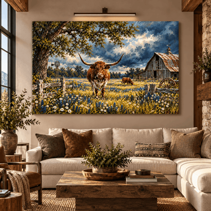 Texas Longhorn Cattle Canvas Wall Art – Rustic Ranch Barn and Bluebonnet Wildflower Painting - ART OF ROYALS