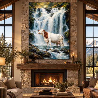 Hereford Cow at Waterfall Wrapped Canvas Wall Art – Rustic Cattle & Mountain Stream Painting