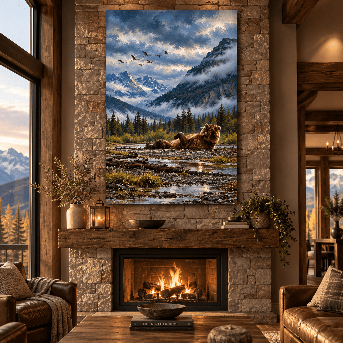 Grizzly Bear Relaxing by Mountain River Canvas Wall Art – Peaceful Bear in Alpine Wilderness Oil Painting - ART OF ROYALS