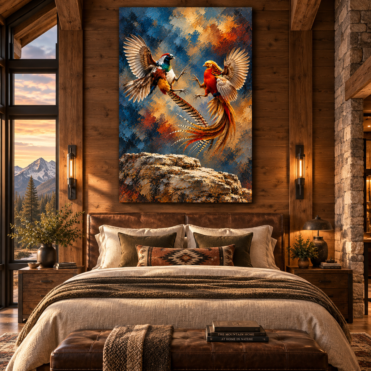 Golden Pheasant Pair in Flight Wrapped Canvas Wall Art – Colorful Game Bird Painting