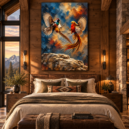 Golden Pheasant Pair in Flight Wrapped Canvas Wall Art – Colorful Game Bird Painting