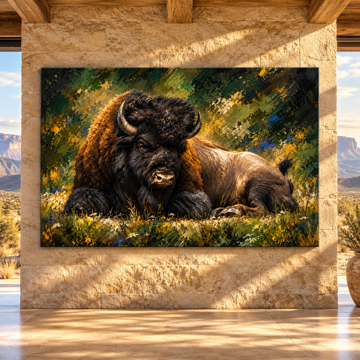 American Bison Resting in Wildflower Meadow Wrapped Canvas Wall Art – Rustic Buffalo Wildlife Painting
