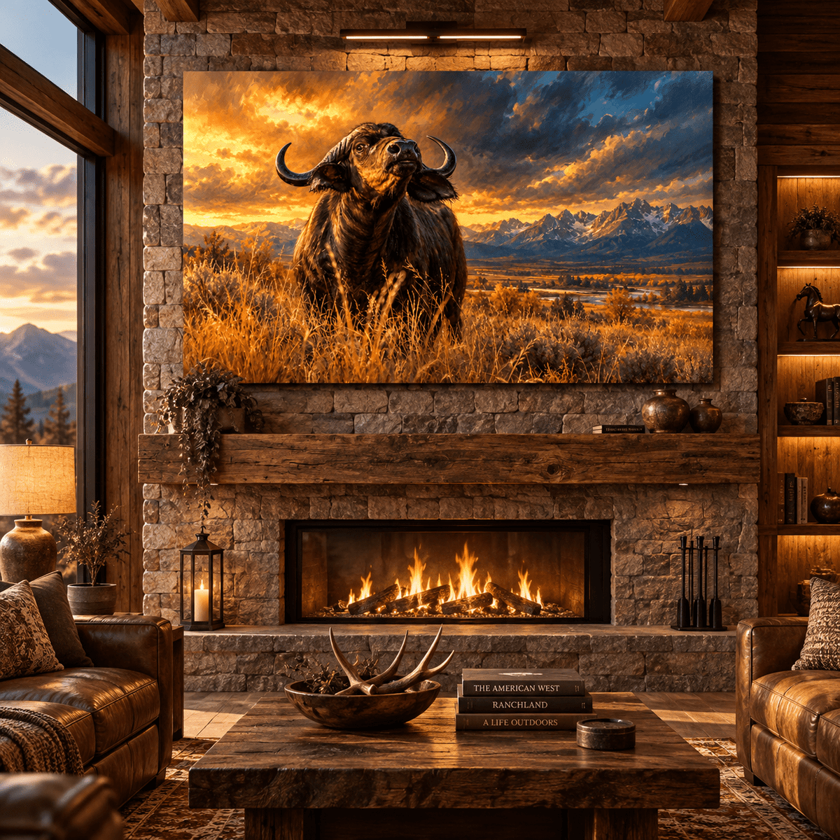 African Buffalo Canvas Wall Art – Cape Buffalo at Golden Sunset Mountain Landscape Oil Painting - ART OF ROYALS