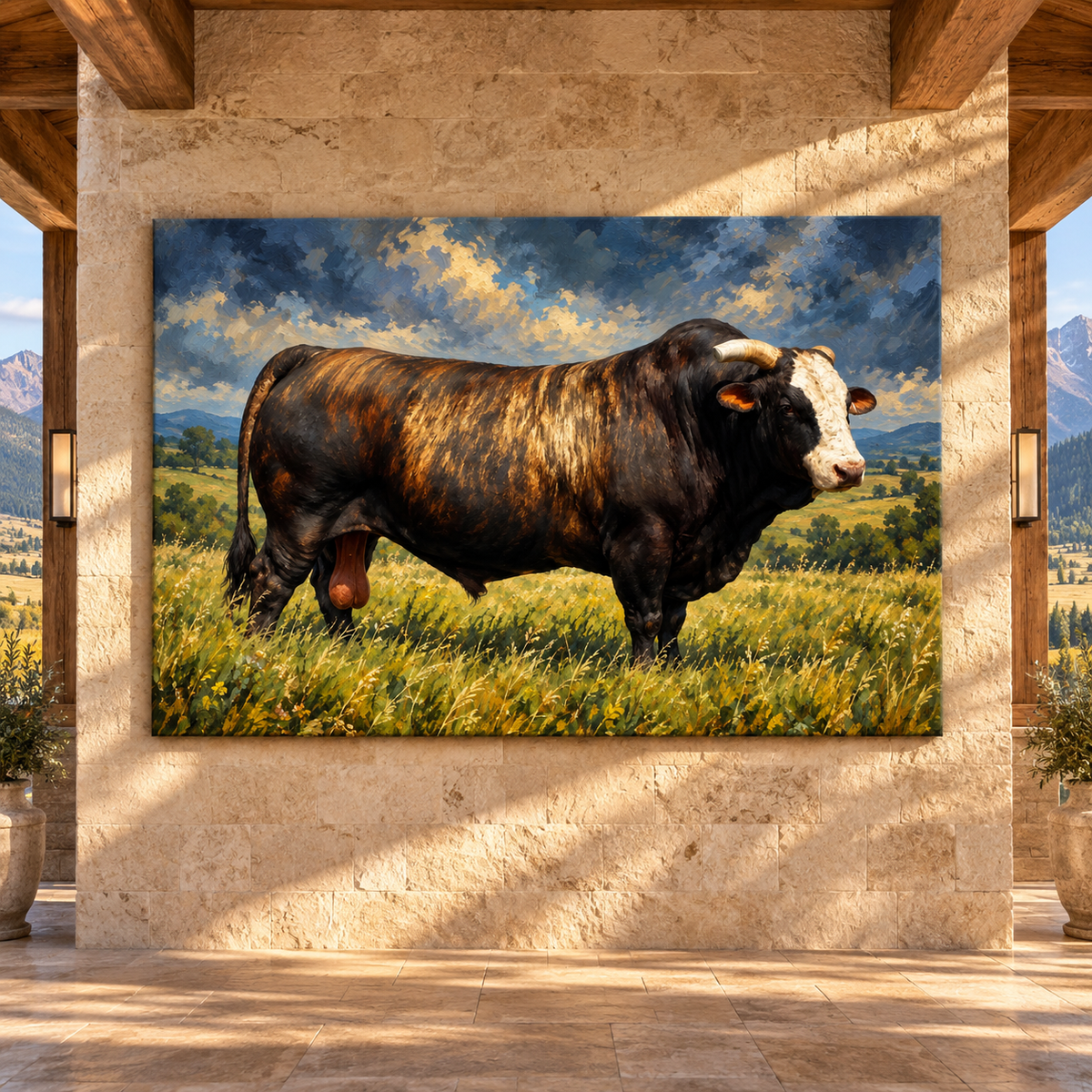 Tiger Striped Brindle Bull in Pasture Wrapped Canvas Wall Art – Impasto Oil Painting Cattle Print