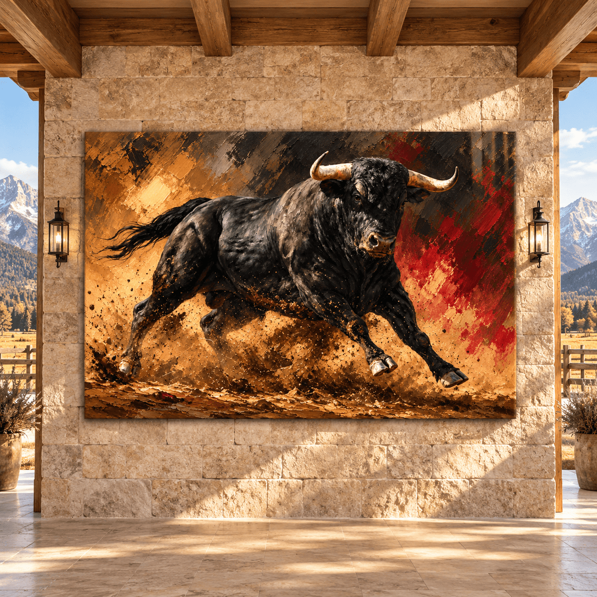 Charging Black Bull Wrapped Canvas Wall Art – Powerful Spanish Fighting Bull Painting - ART OF ROYALS