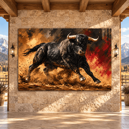 Charging Black Bull Wrapped Canvas Wall Art – Powerful Spanish Fighting Bull Painting - ART OF ROYALS
