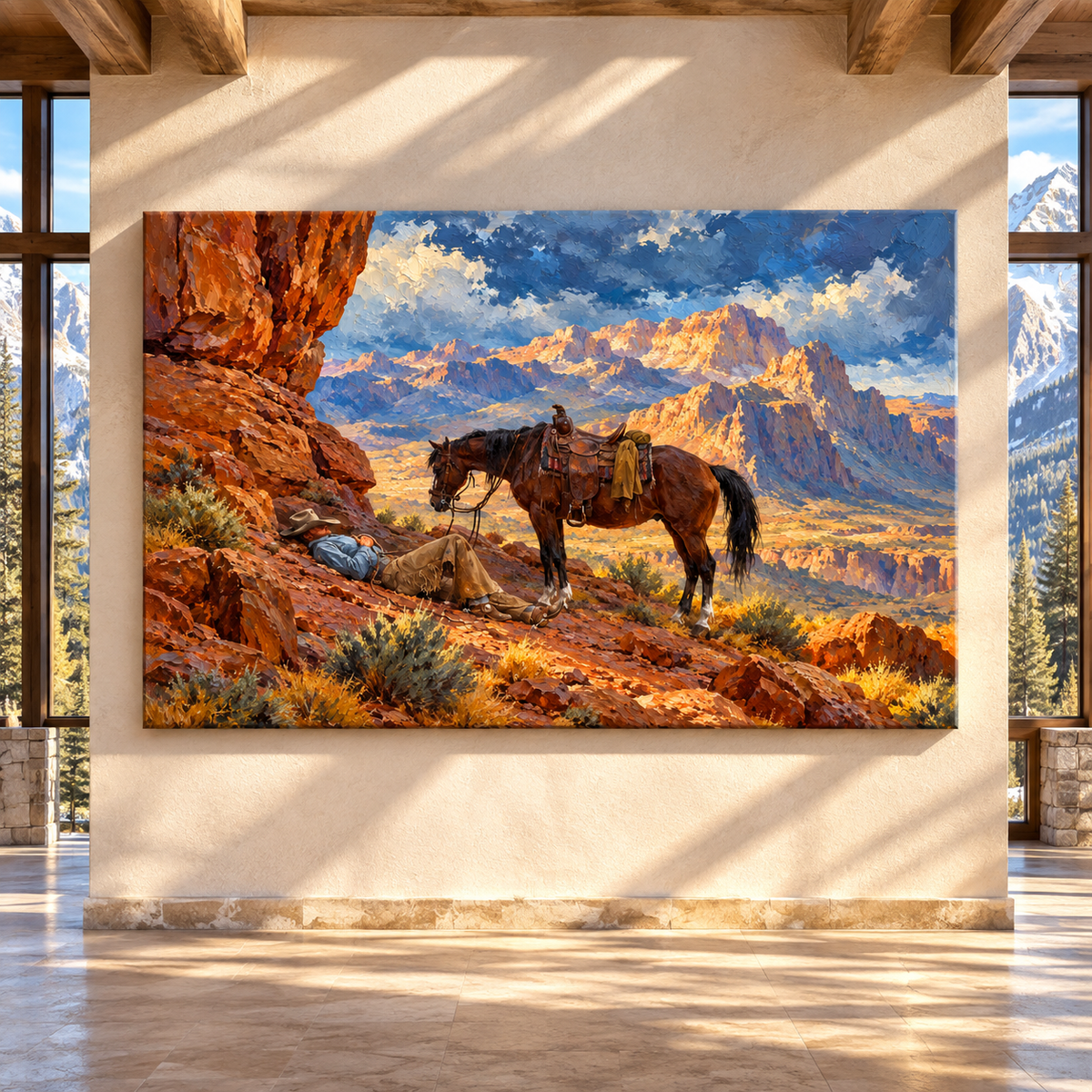 Bay Quarter Horse & Resting Cowboy Wrapped Canvas Wall Art – Western Desert Ranch Painting