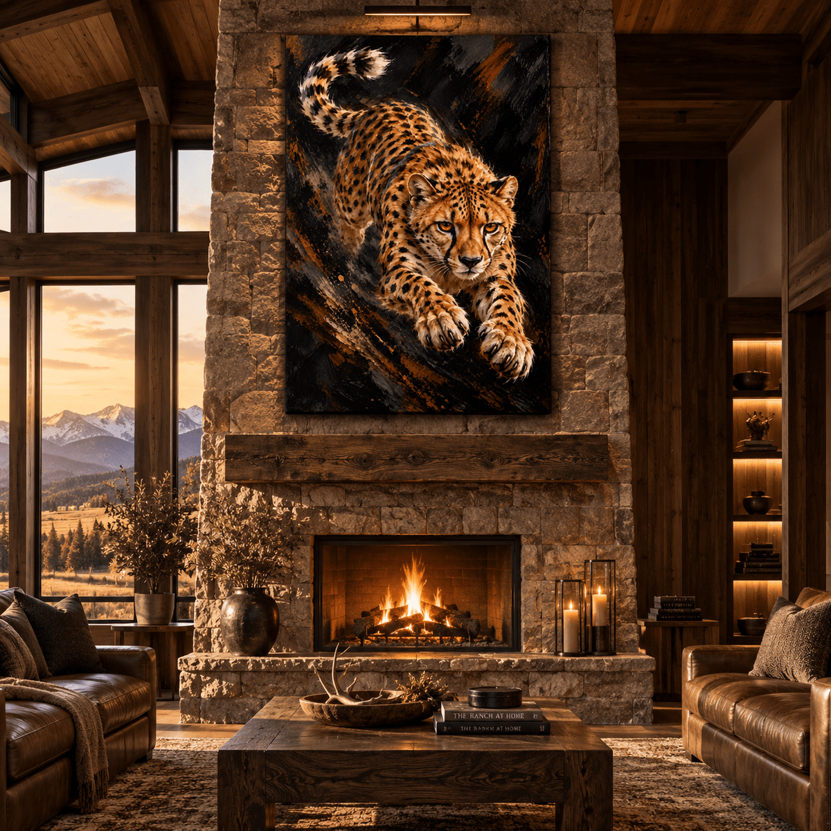 Leaping Leopard Canvas Wall Art – Golden Spotted Big Cat on Dark Abstract Background - ART OF ROYALS