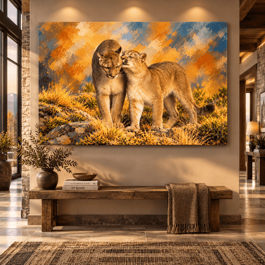 Mountain Lion Couple Canvas Wall Art – Affectionate Cougars at Golden Sunset Wildlife Painting - ART OF ROYALS