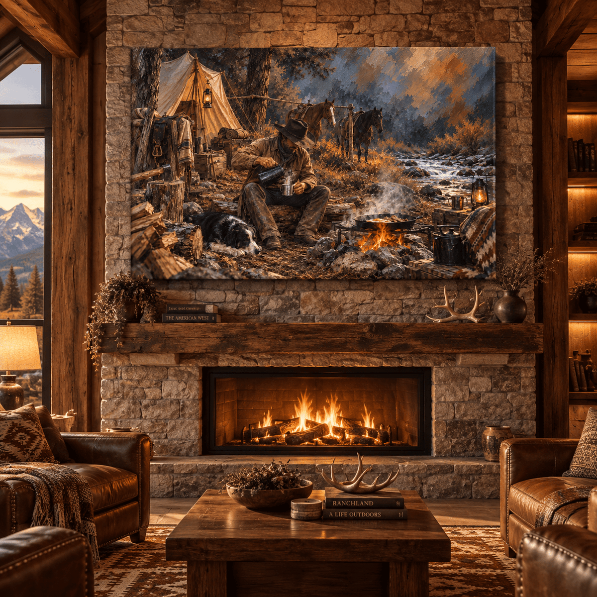 Cowboy Campfire Canvas Wall Art – Horses and Border Collie-Type Dog by a Mountain Creek - ART OF ROYALS
