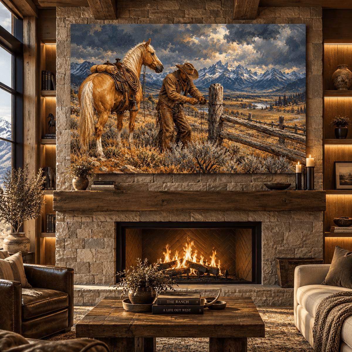 Cowboy Fixing Ranch Fence Canvas Wall Art – Palomino Horse and Snowy Mountain Western Oil Painting - ART OF ROYALS