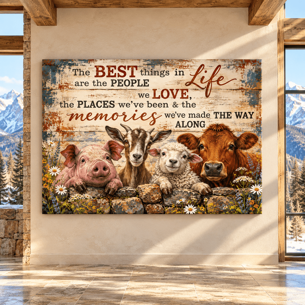 Farm Animals Inspirational Quote Canvas Wall Art – The Best Things in Life Rustic Farmhouse Painting - ART OF ROYALS