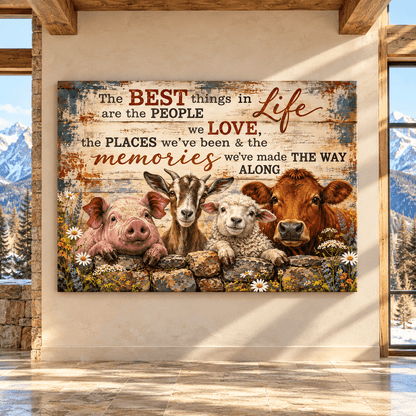Farm Animals Inspirational Quote Canvas Wall Art – The Best Things in Life Rustic Farmhouse Painting - ART OF ROYALS