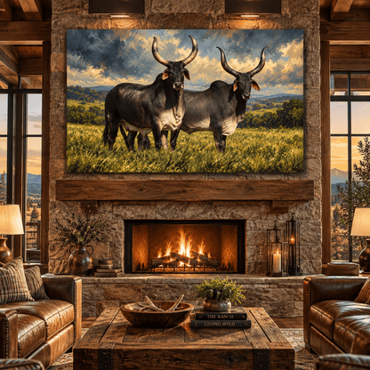 Brahman Cattle Pair Canvas Wall Art – Two Black Gray Brahman Cows in Golden Pasture Oil Painting - ART OF ROYALS