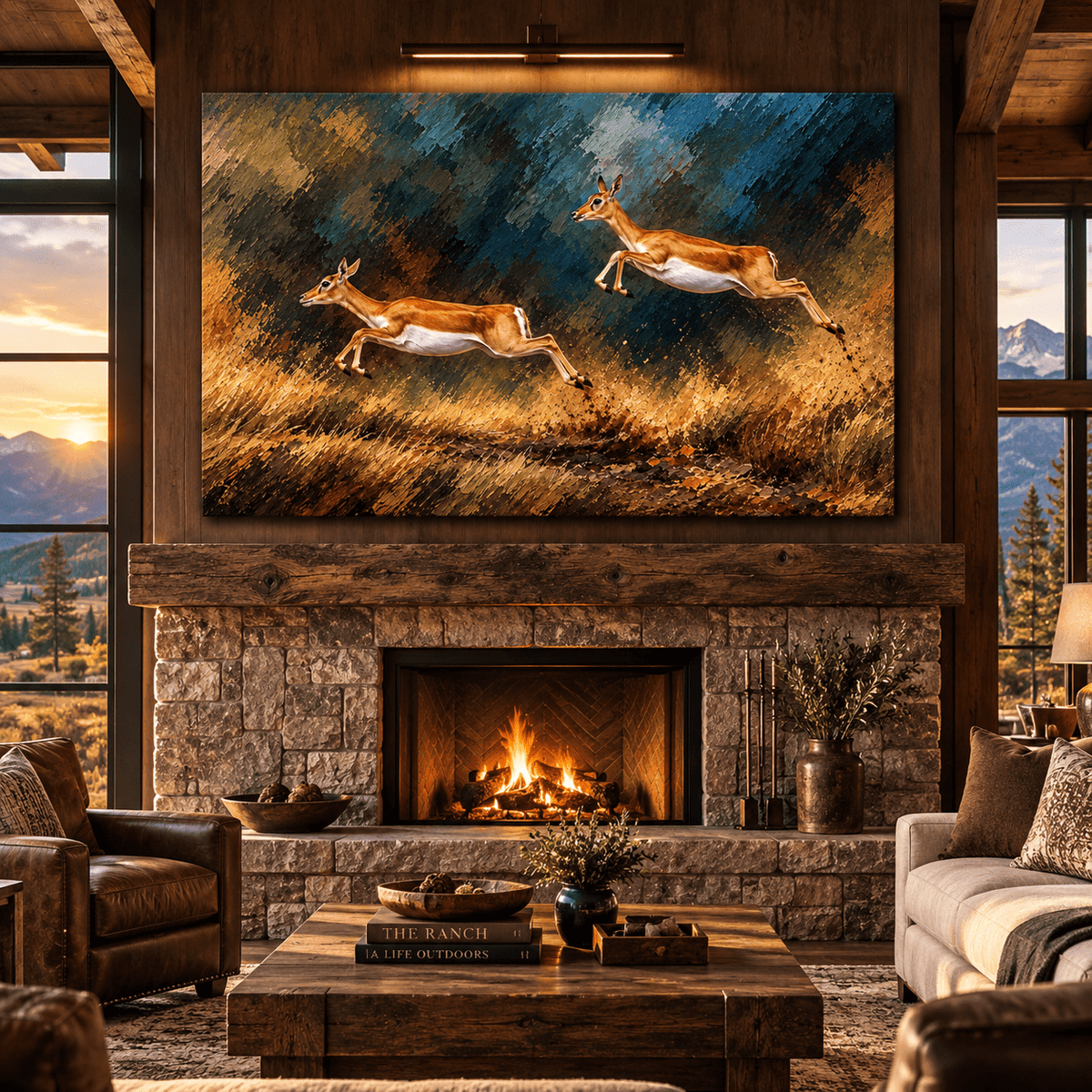 Running Antelope Canvas Wall Art – Two Leaping Gazelles Wildlife Oil Painting - ART OF ROYALS