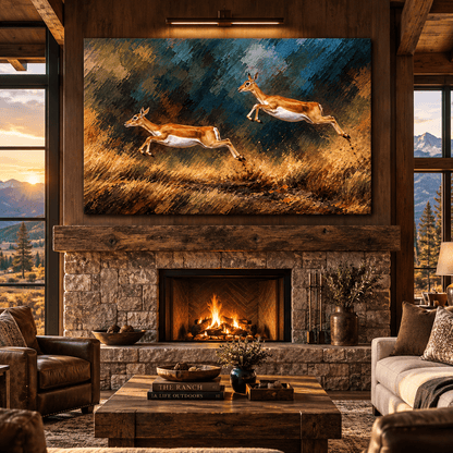 Running Antelope Canvas Wall Art – Two Leaping Gazelles Wildlife Oil Painting - ART OF ROYALS