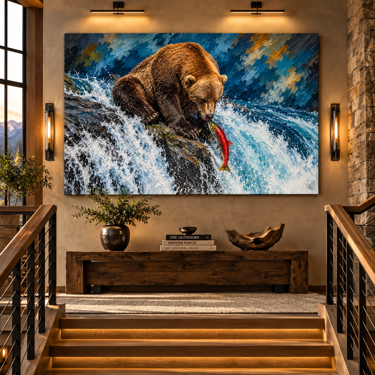 Grizzly Bear Catching Salmon Wrapped Canvas Wall Art – Brown Bear Fishing Wildlife Painting