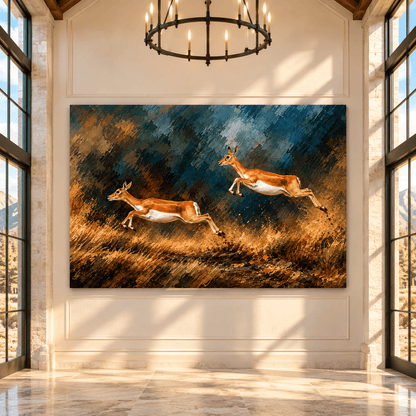 Running Antelope Canvas Wall Art – Two Leaping Gazelles Wildlife Oil Painting - ART OF ROYALS