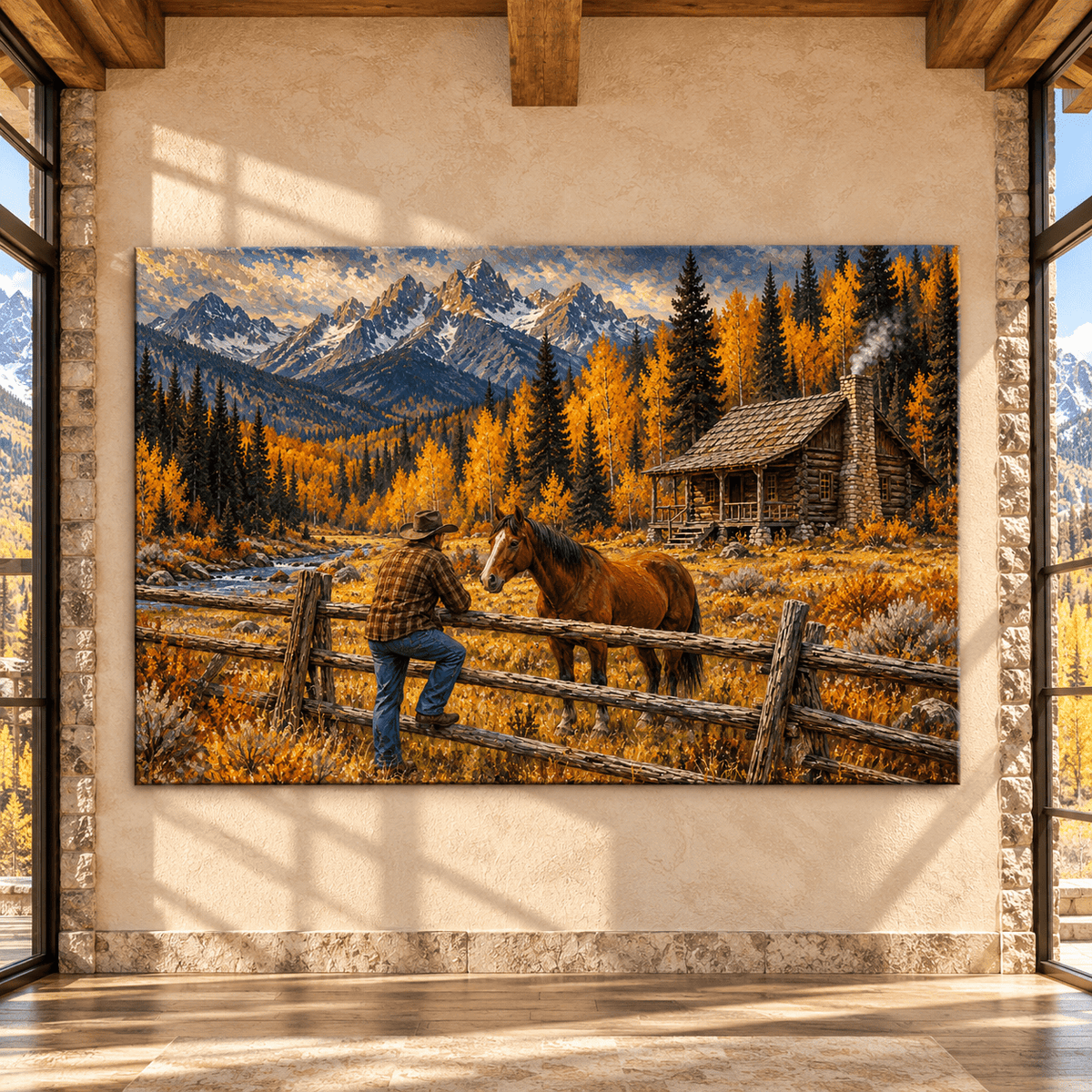 Cowboy and Horse Canvas Wall Art – Autumn Mountain Log Cabin Western Ranch Oil Painting - ART OF ROYALS