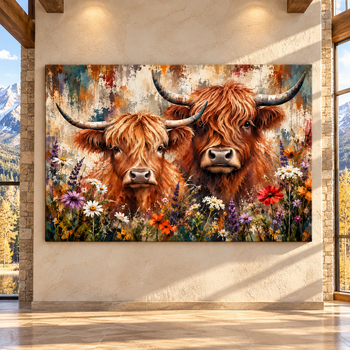 Two Highland Cows with Wildflowers Canvas Wall Art – Rustic Scottish Highland Cattle Floral Painting - ART OF ROYALS